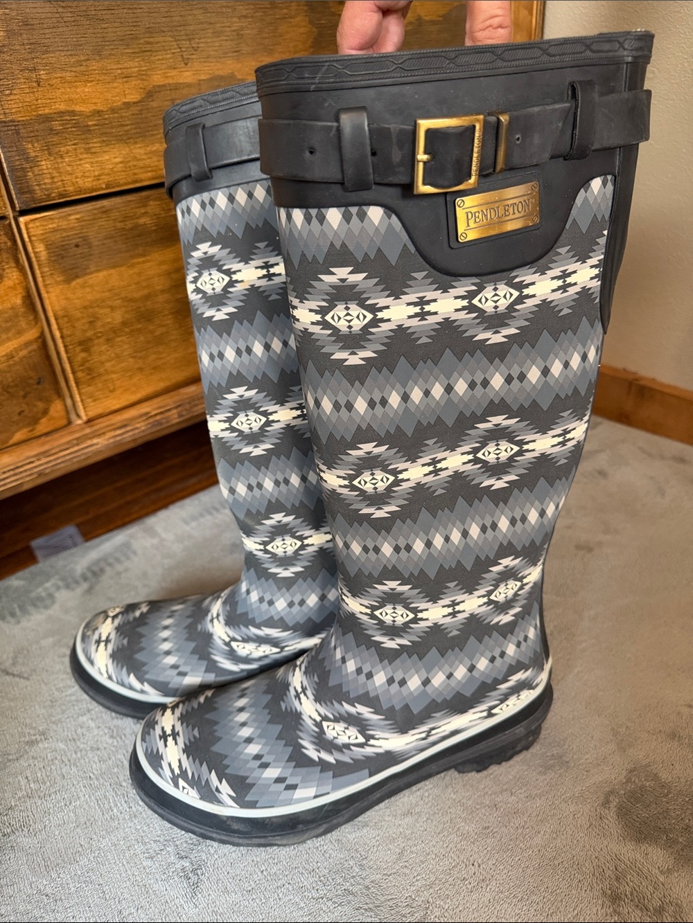 Pendleton Gray Patterned Tall Rain Boots with Buckle - Picture 2 of 5
